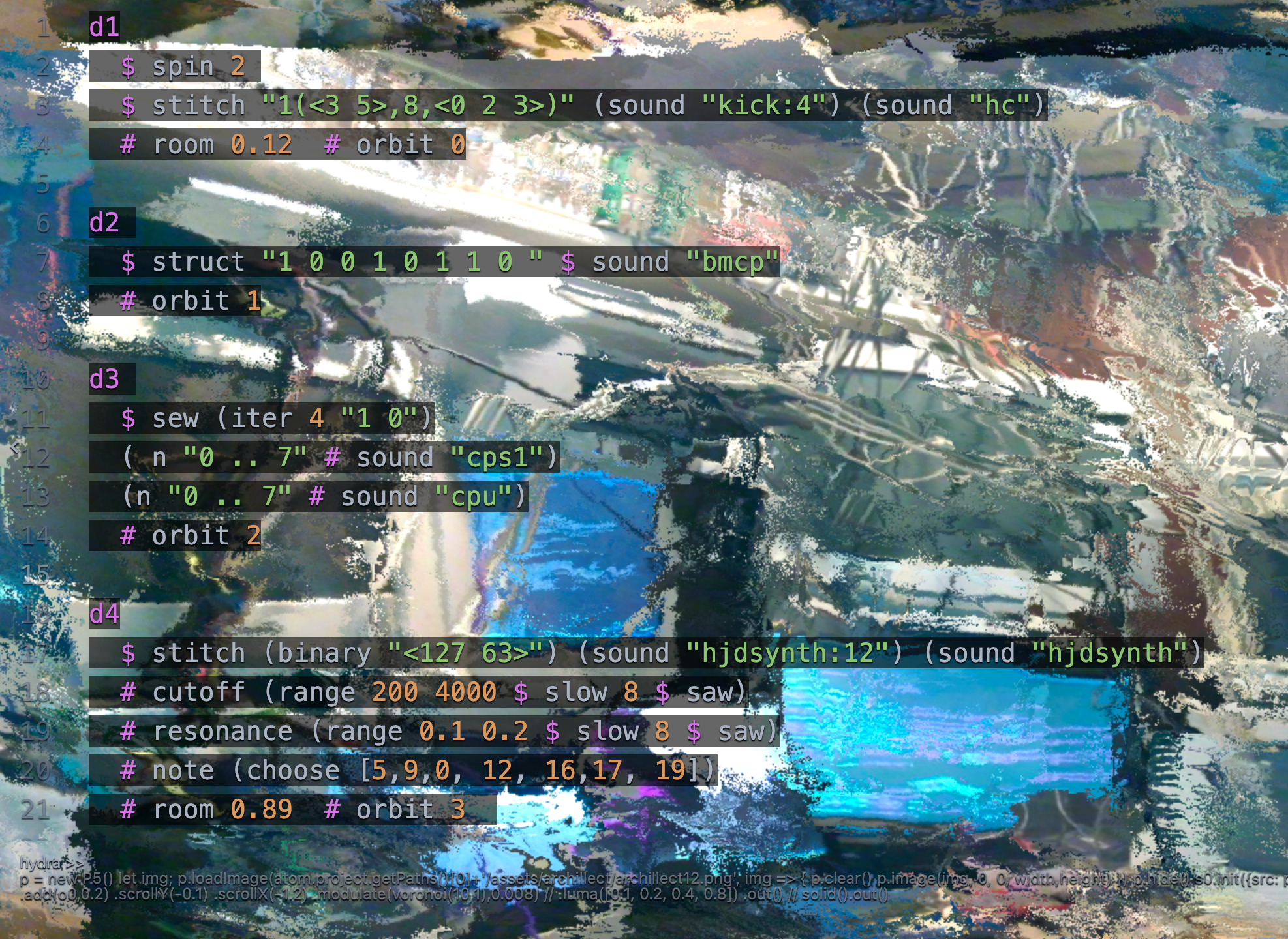 Dieses Bild zeigt einige Zeilen Code, die beim Live-Coding von Musik in TidalCycles verwendet werden.
